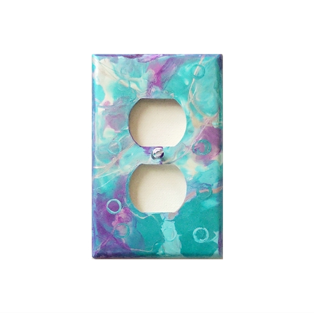 Hand Crafted Turquoise and Purple Abstract Design Duplex Outlet Wall Plate